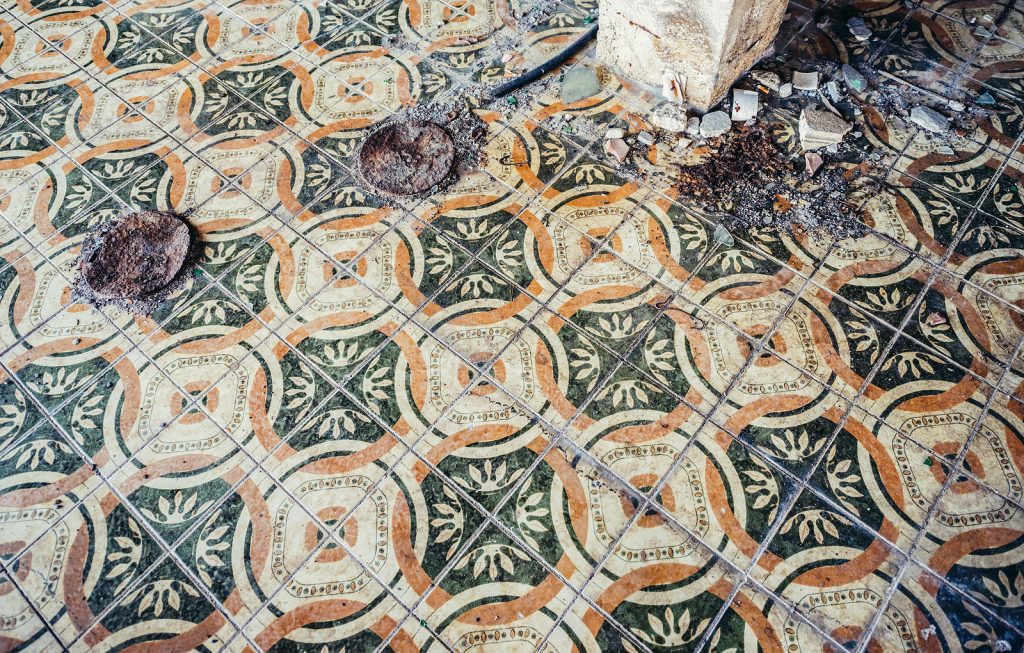 tiled floor in abandoned hotel in former Tourist Complex of Kupari village Croatia