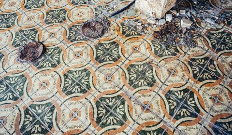 tiled floor in abandoned hotel in former Tourist Complex of Kupari village Croatia